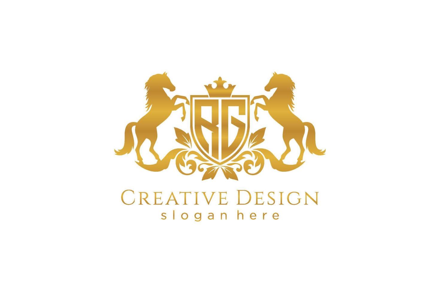 initial RG Retro golden crest with shield and two horses, badge template with scrolls and royal crown - perfect for luxurious branding projects vector