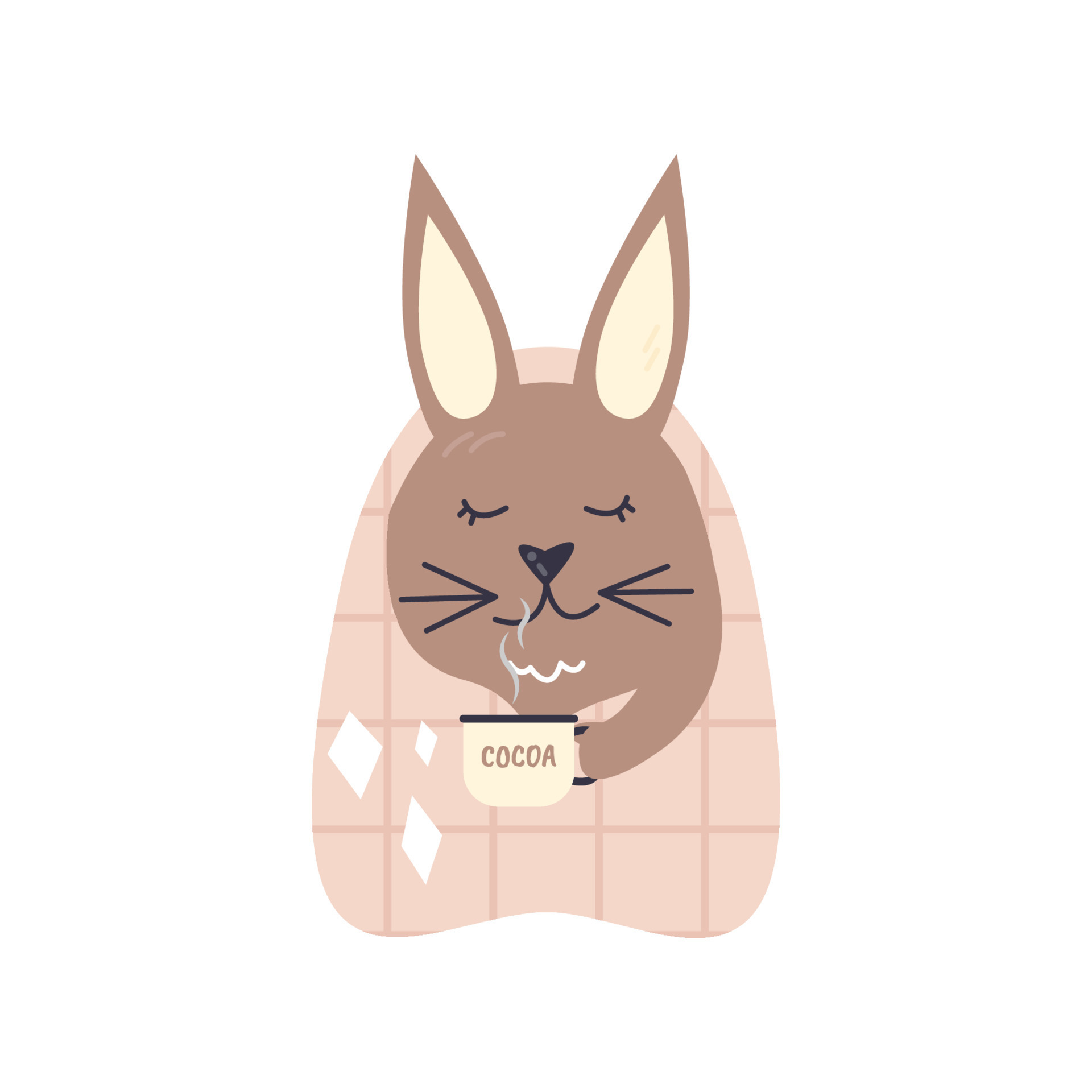 Cute rabbit with hot chocolate and bed sleeping item isolated on 