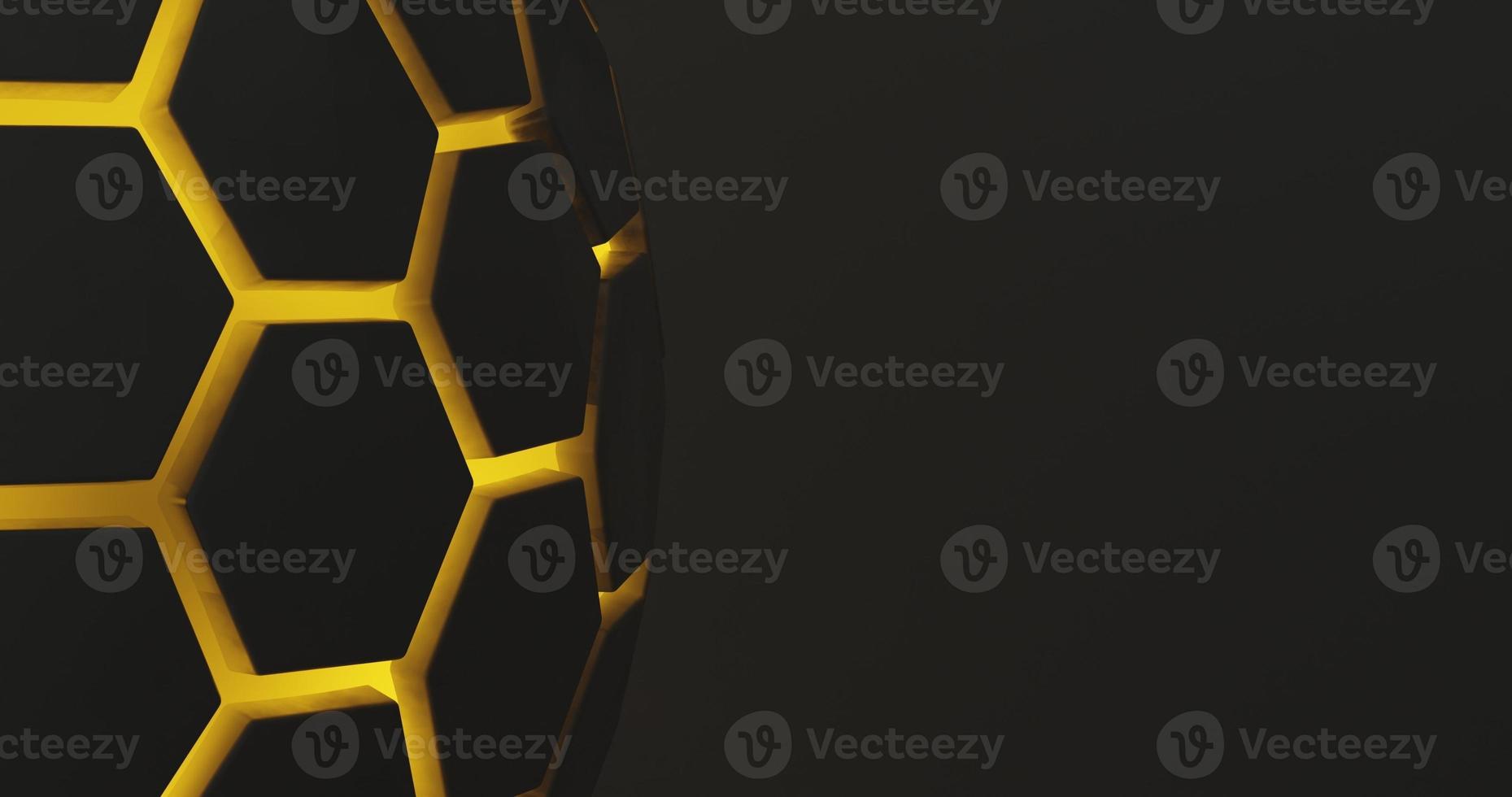 abstract background using a hexagon pattern with metallic black gradient color and bright yellow hexagon lines, there is empty space on the right, 3d rendering, and 4K size photo
