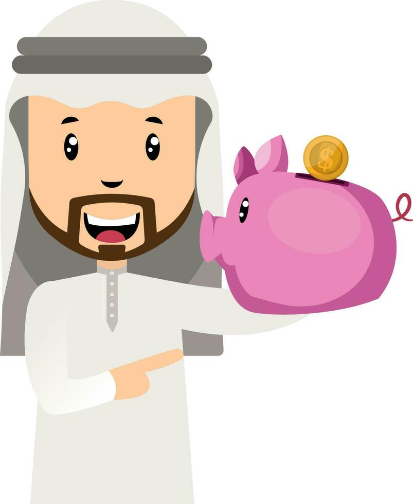 árabe con cerdito banco, ilustración, vector en blanco antecedentes.