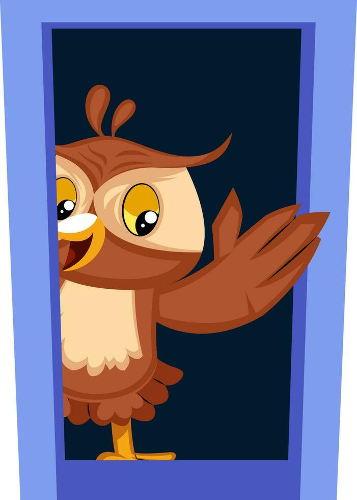 Owl standing by the door, illustration, vector on white background.