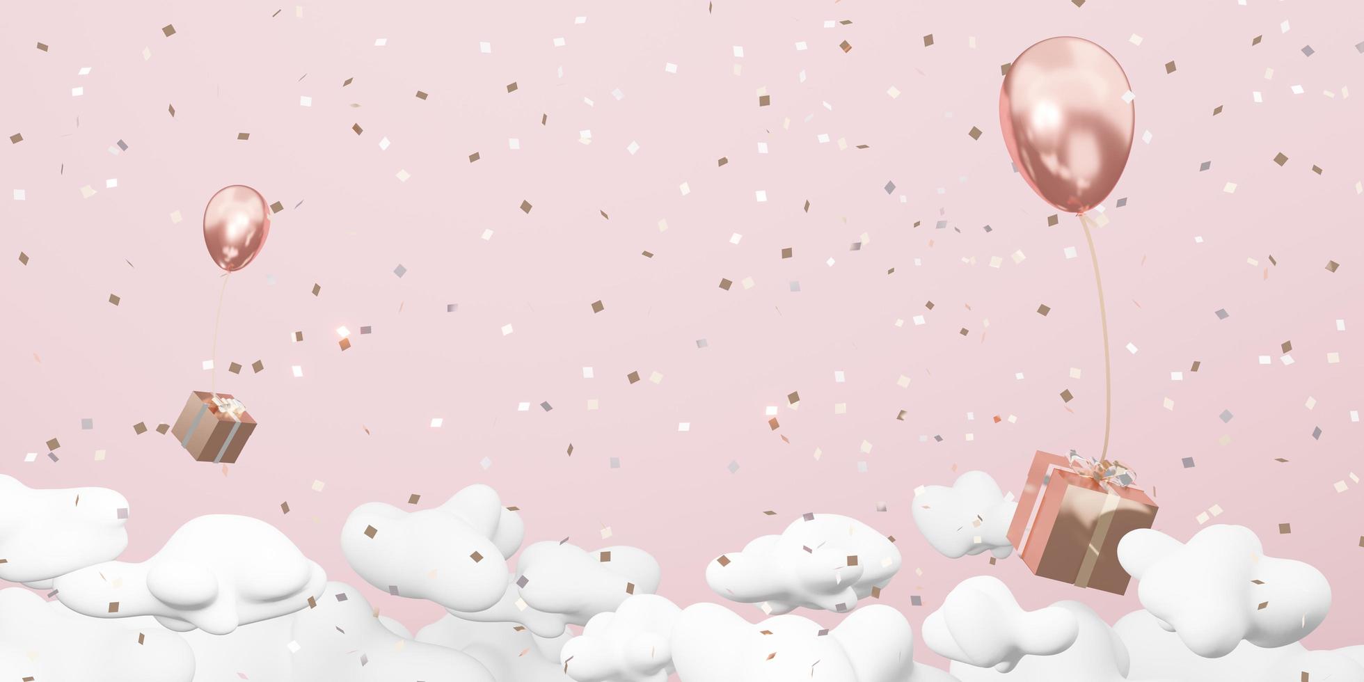 Background image of balloons and gift boxes floating in the pink sky on a cloudy day new year card birthday card 3d illustration photo