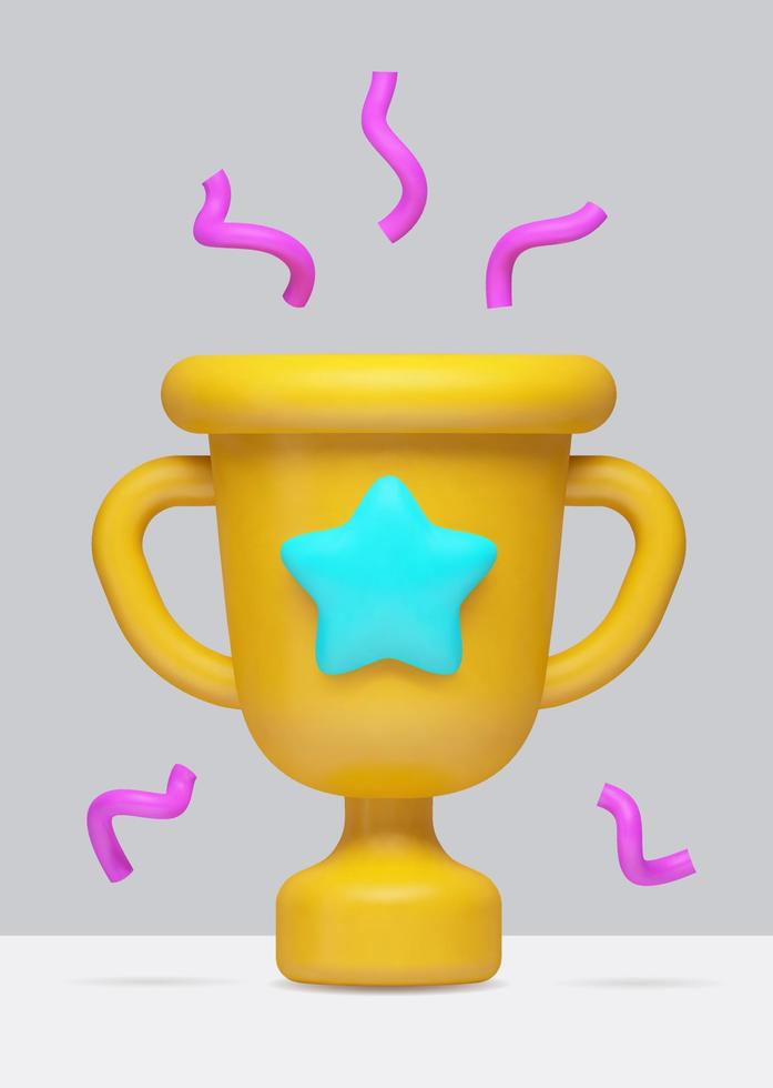 Vector 3d realistic illustration of the award, a yellow cartoon cup with a star and purple tinsel