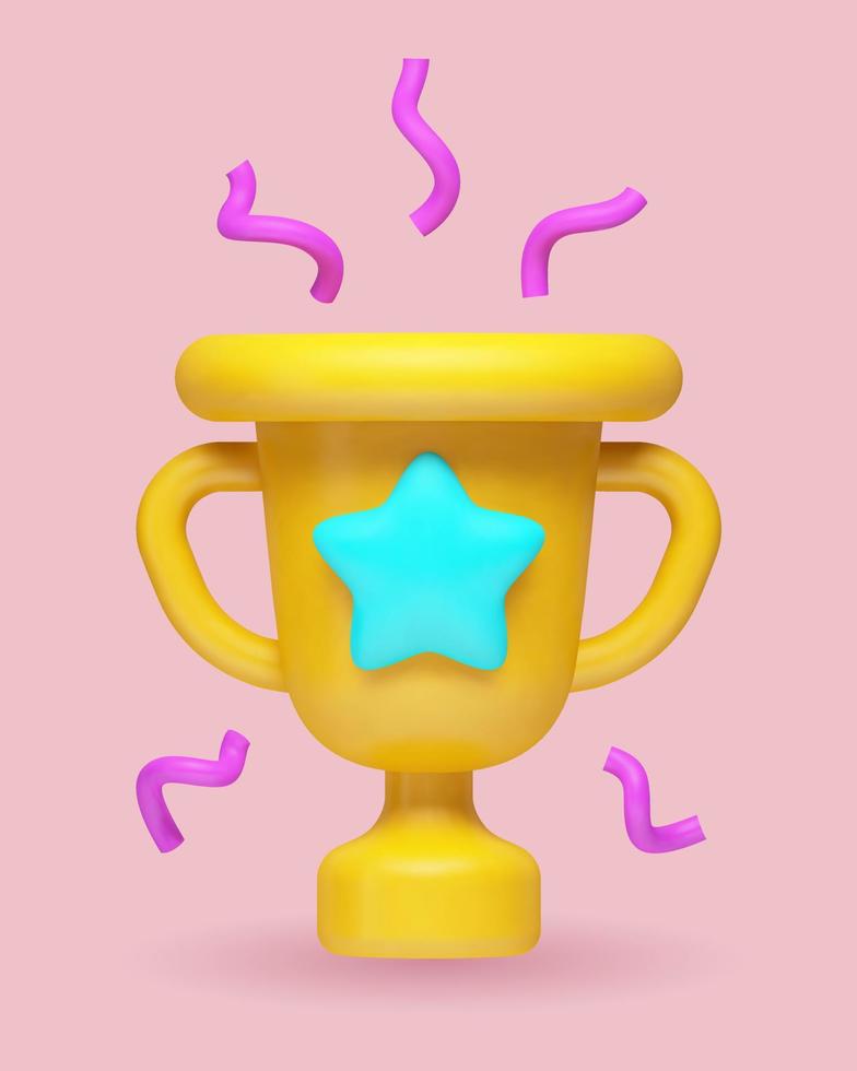 Vector 3d realistic illustration of the award, a yellow cartoon cup with a star and purple tinsel