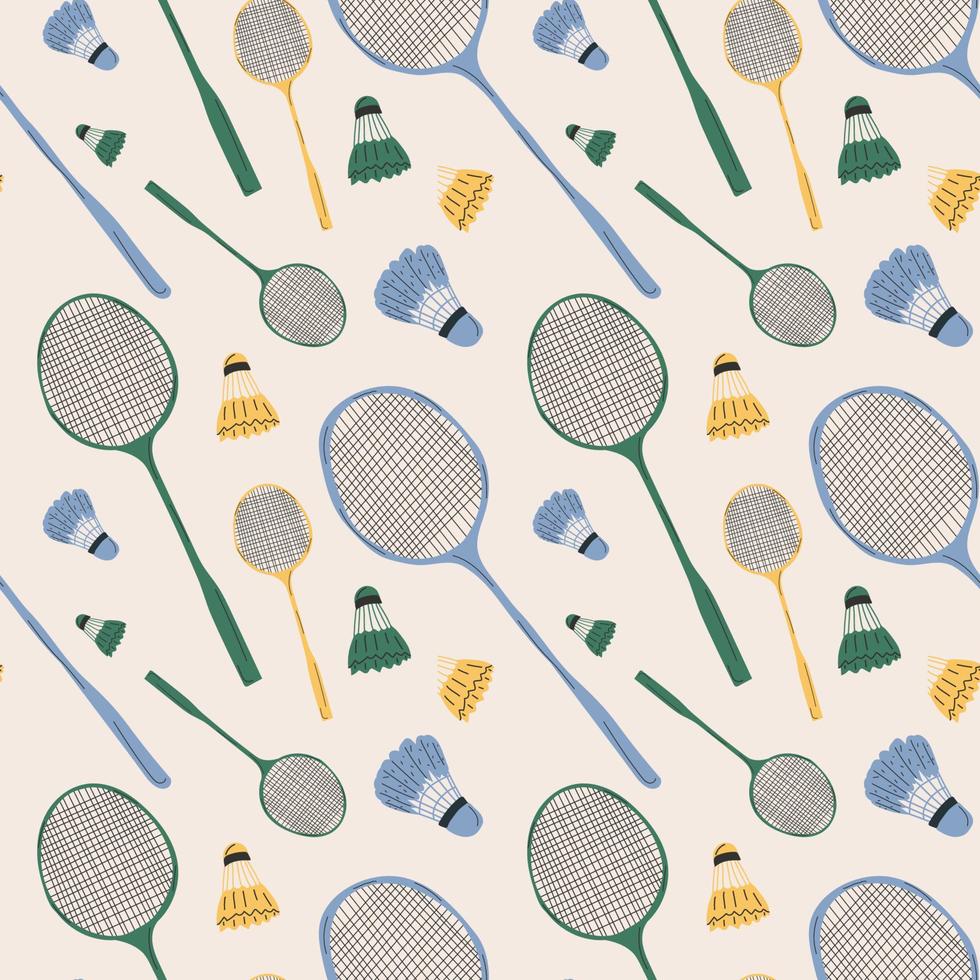 Seamless pattern  with Badminton racket and  shuttlecocks on white background. Equipments for badminton game sport. Vector illustration