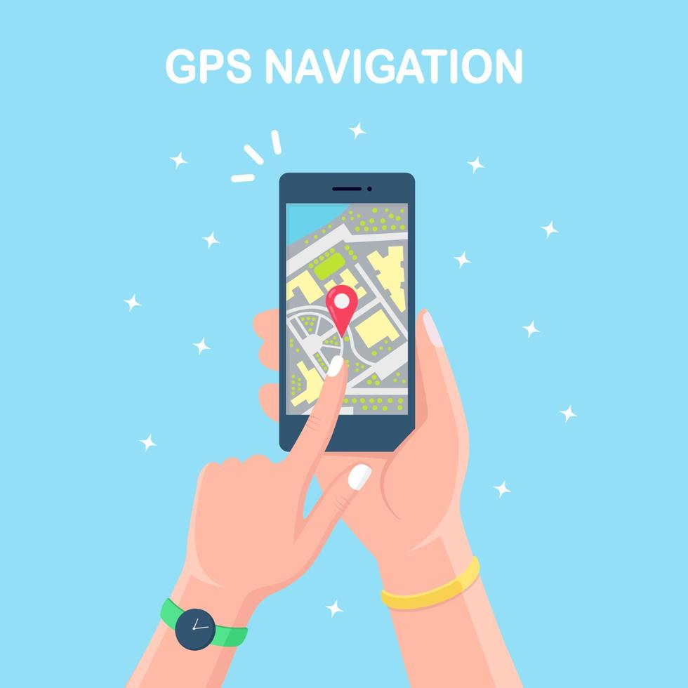 Smartphone with gps navigation app, tracking. Mobile phone with map application vector
