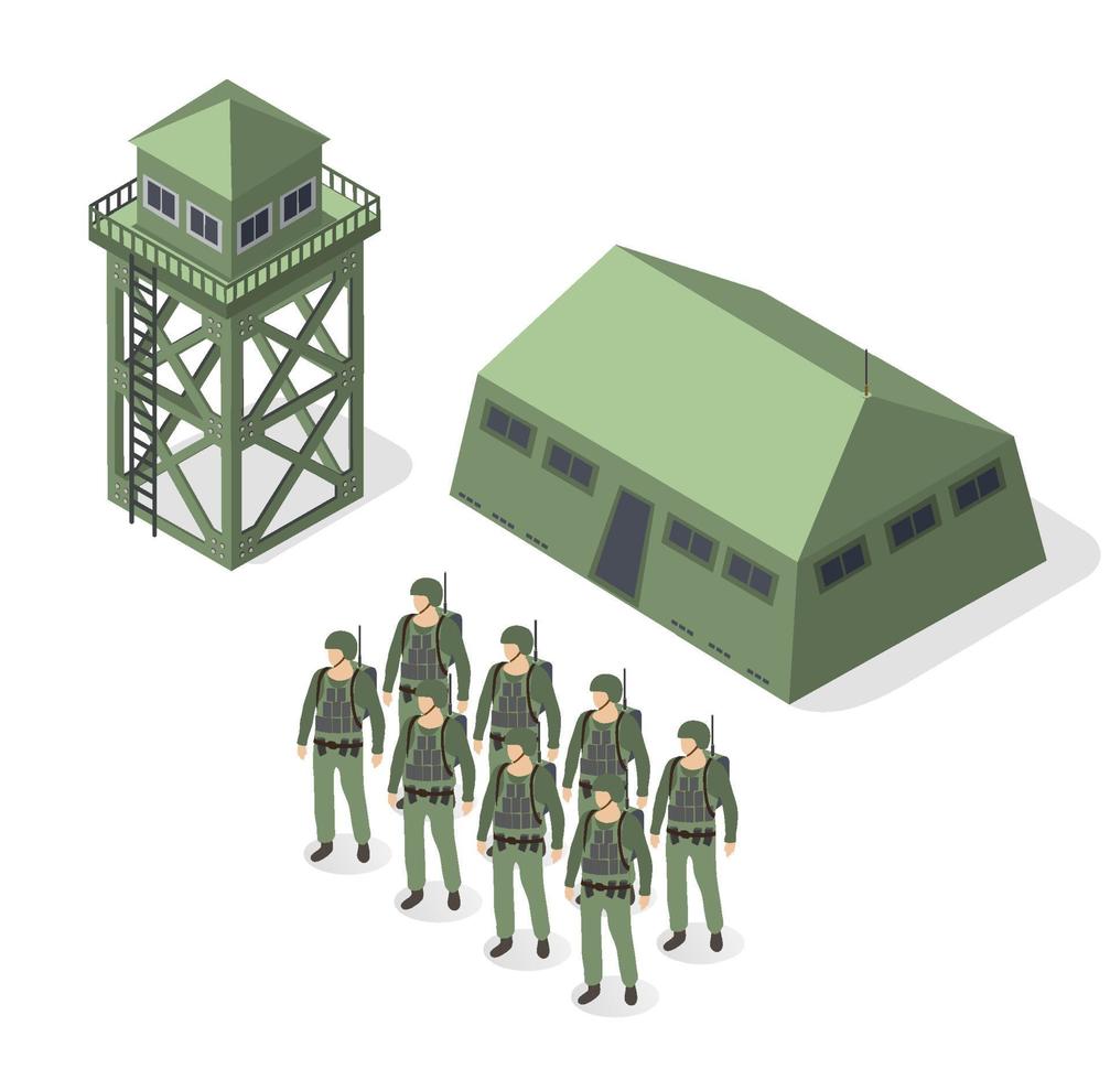 Set of army armed troop soldiers isometric armed military objects and war combat force graphic elements 3D illustration vector