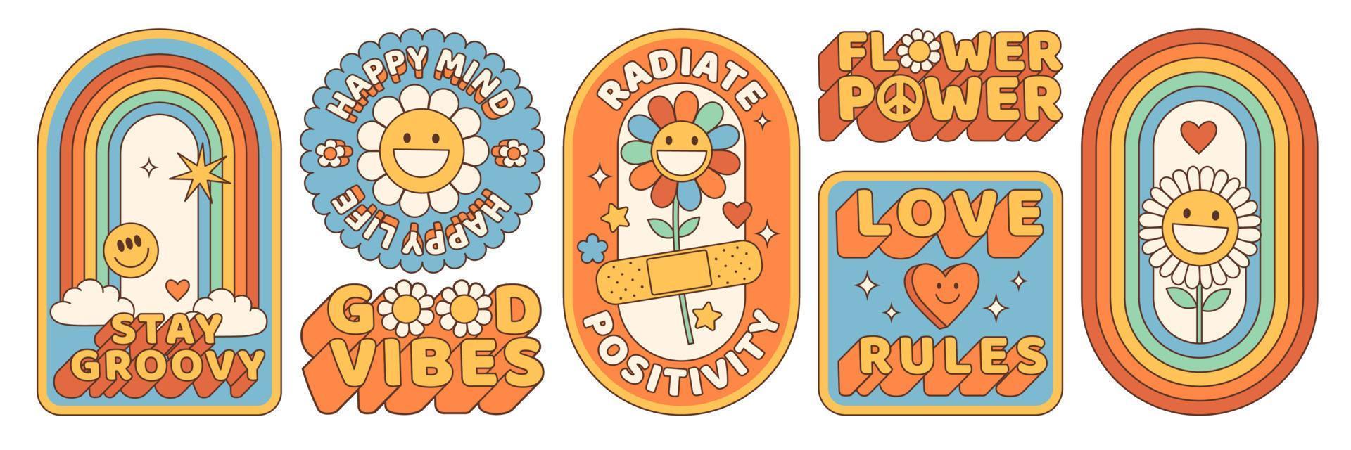 maravillosas pegatinas hippie de los años 70. flor de dibujos animados divertidos, arco iris, paz, corazón en estilo psicodélico retro. vector