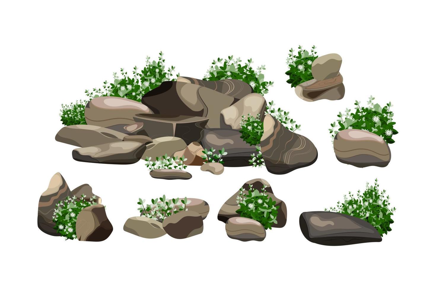 Collection of stones and plants of various shapes.Coastal pebbles,cobblestones,gravel,minerals and geological formations.Rock fragments,boulders and building material. vector