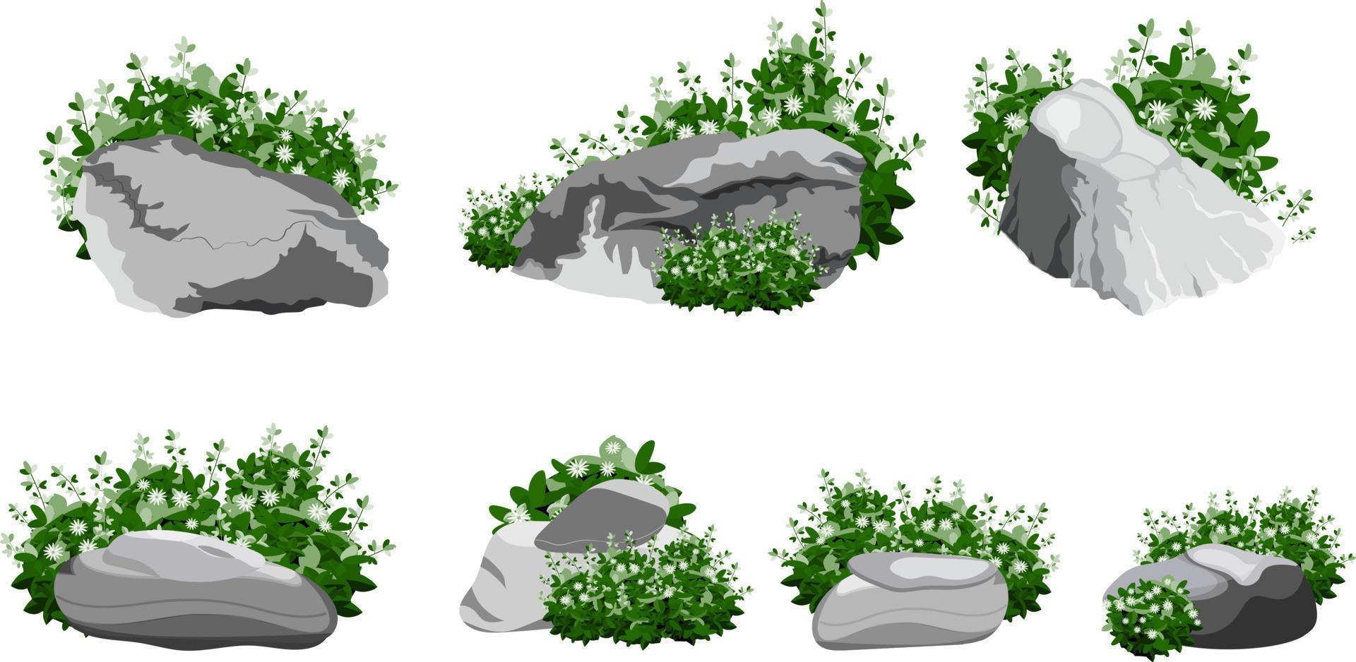 colección de piedras y plantas de diversas formas. guijarros costeros, adoquines, grava, minerales y formaciones geológicas. fragmentos de roca, cantos rodados y material de construcción. vector