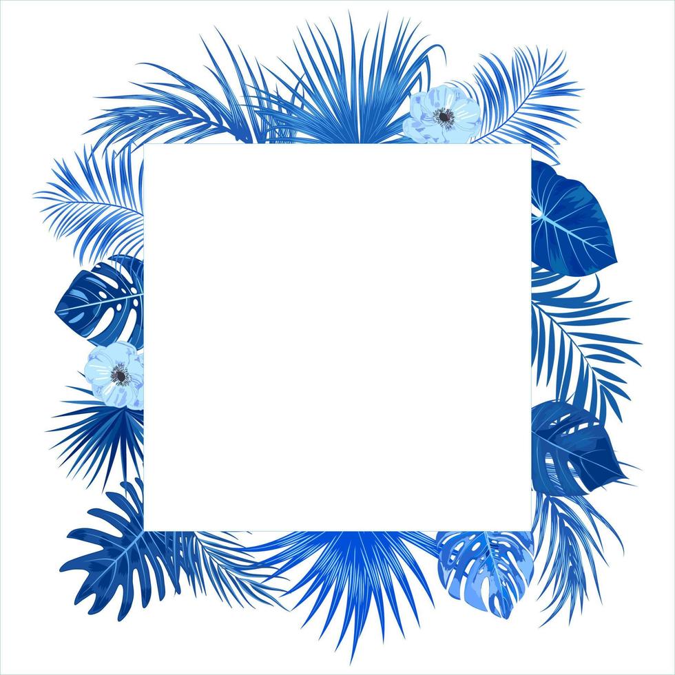 Vector tropical jungle frame with palm trees leaves and flowers