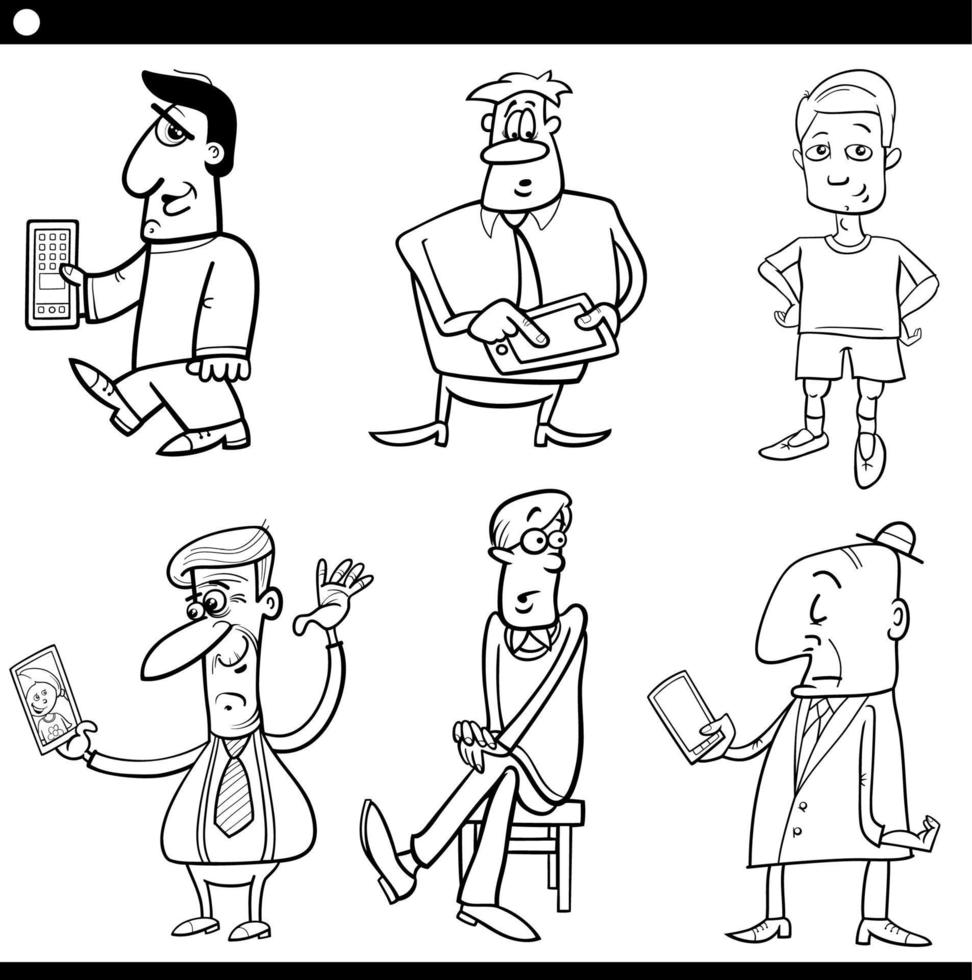 hombres personajes cómicos conjunto ilustración en blanco y negro vector