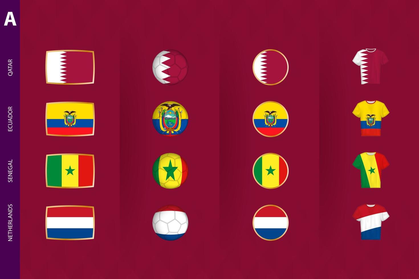 Collection of flags of Group A soccer tournament, a set of vector icons.