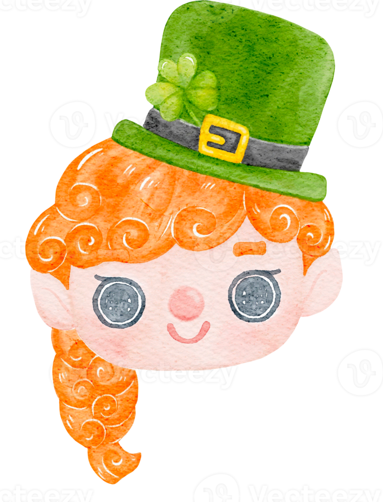 Cute happy smile leprechaun ginger hair girl celebrating  St Patrick cartoon character watercolour png
