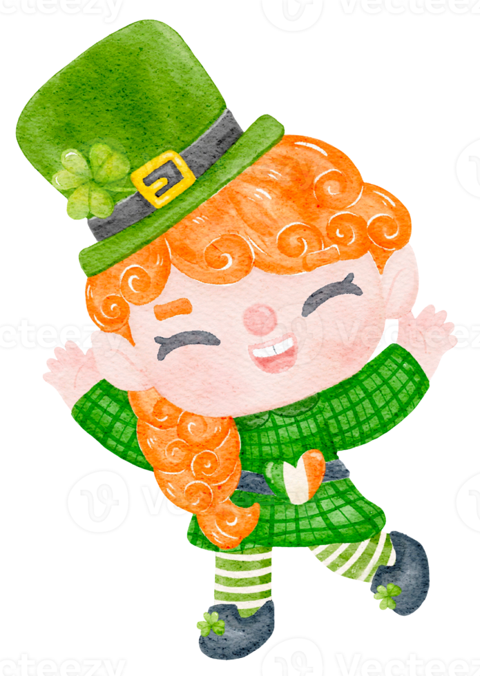 Cute happy smile leprechaun ginger hair girl celebrating  St Patrick cartoon character watercolour png