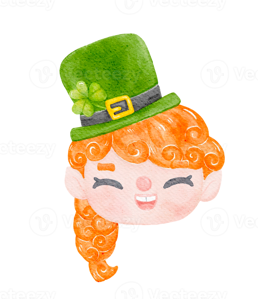 Cute happy smile leprechaun ginger hair girl celebrating  St Patrick cartoon character watercolour png