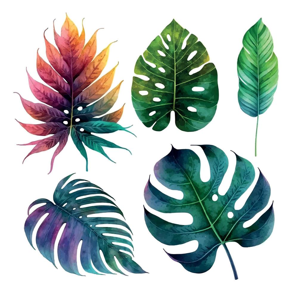 Watercolor tropical floral illustration set with green leaves for wedding stationary, greetings, wallpapers, fashion, backgrounds, textures, DIY, wrappers, postcards, logo, etc. vector