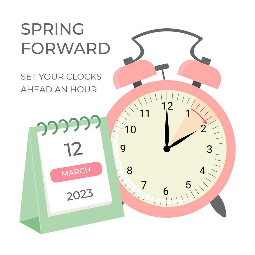 Daylight saving time concept banner. Spring forward time. Allarm clock and calendar. vector