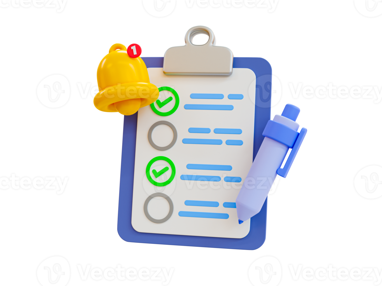 3d mínimo a hacer lista. objetivo logro concepto. Lista de Verificación recordatorio. portapapeles con un Lista de Verificación, bolígrafo, y, campana icono. 3d ilustración. png