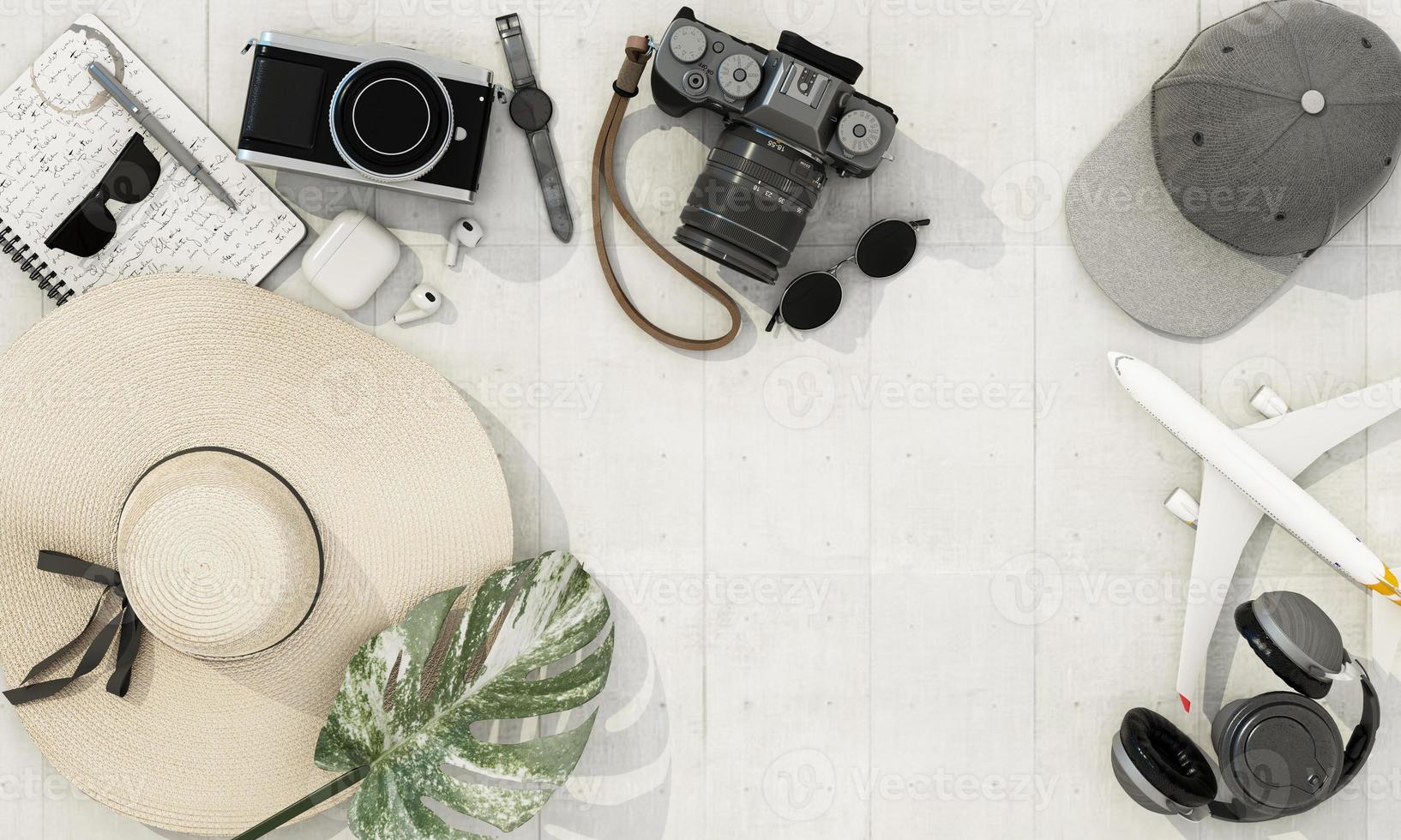 Top view travel concept with retro camera film, sunglasses, straw hat, sweets and coffee cup. white desk top with copy space Travel essentials vintage tone effect on a white background 3d rendering photo
