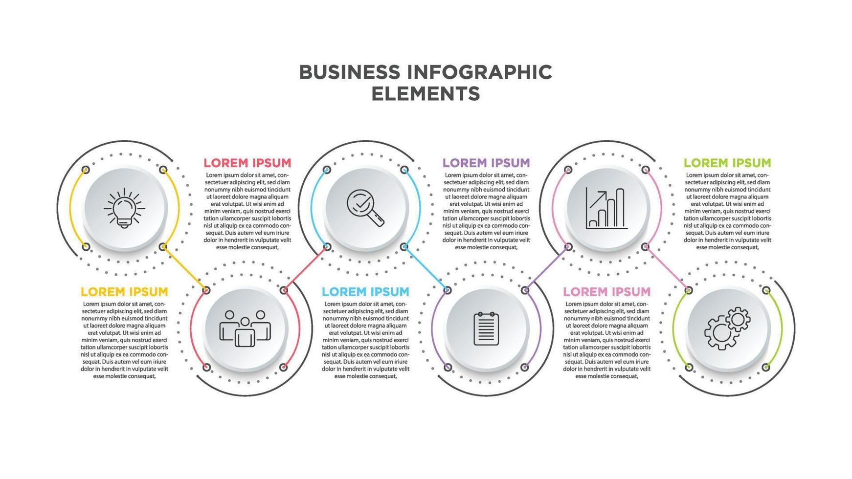 Business 6 step process chart infographics with step circles. Simple infographic design template. Flat vector illustration for presentation, report.