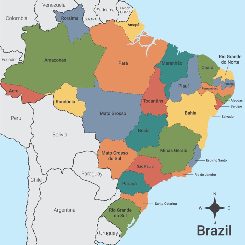 Brazil Country Map with Surrounding Borders vector