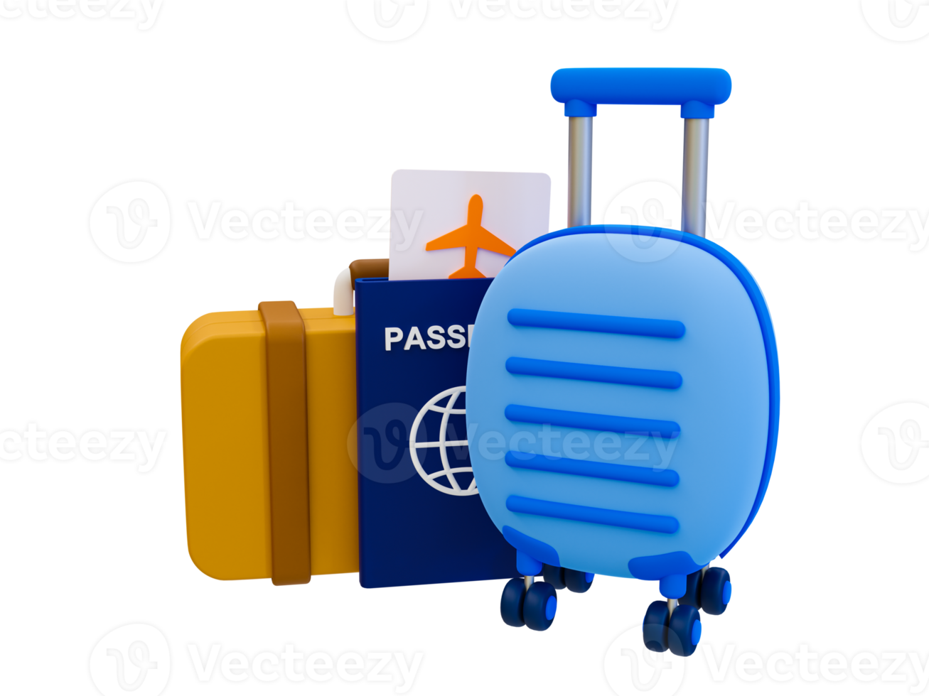 3d minimal Holiday travel trip. preparation for a summer vacation trip. Luggage with a passport, airplane ticket, luggage, and airplane. 3d illustration. png