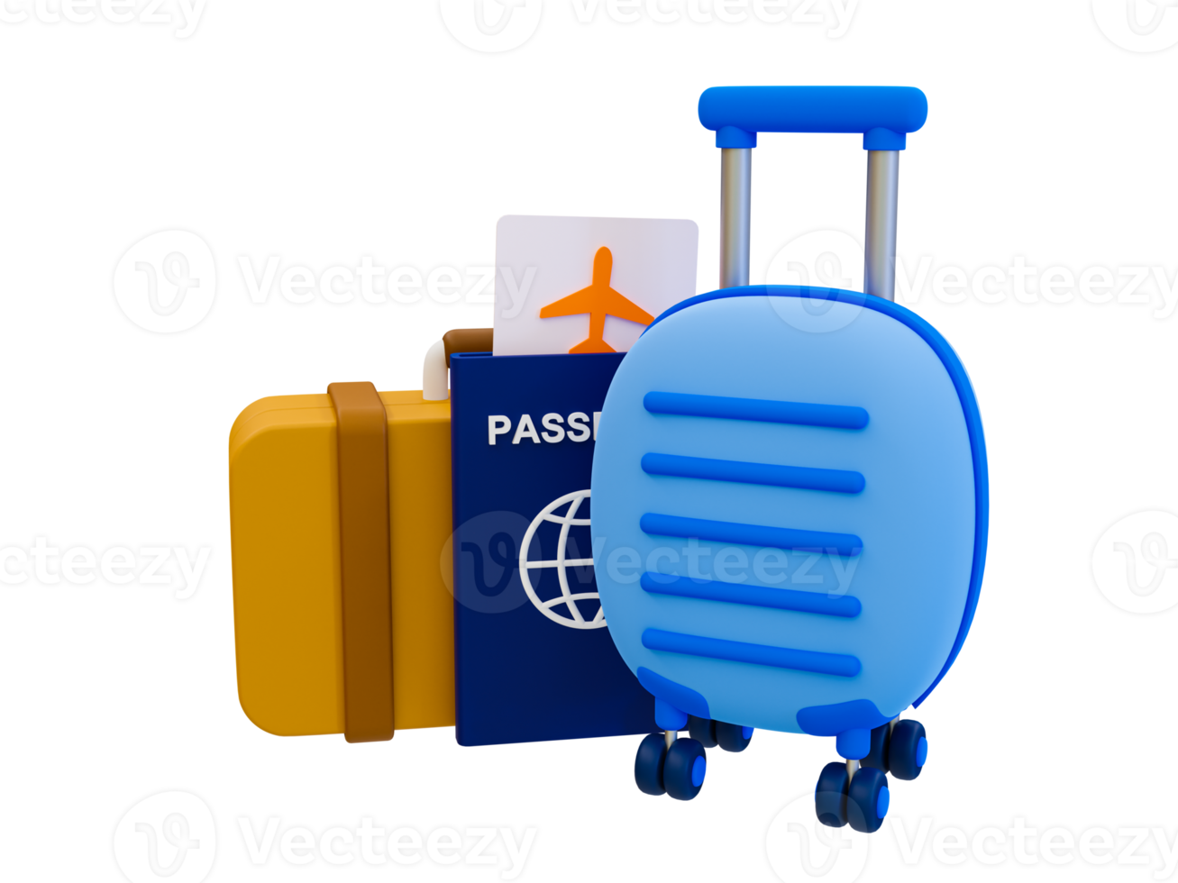 3d minimal vacances Voyage voyage. préparation pour une été vacances voyage. bagage avec une passeport, avion billet, bagage, et avion. 3d illustration. png