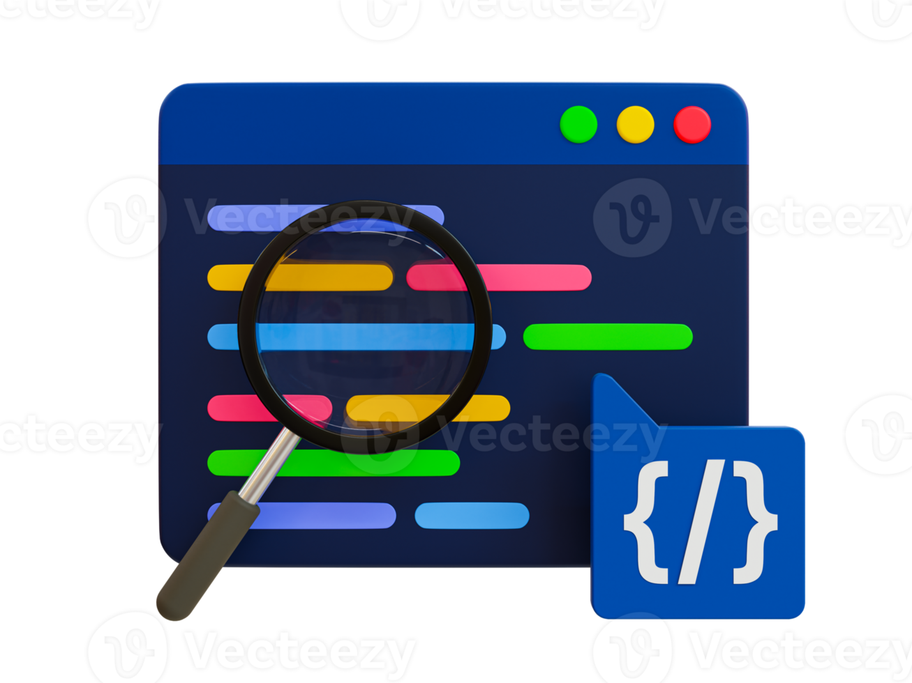 3d minimal coding icon. coding screen. web development concept. browser with a programming source code and magnifying glass. 3d illustration. png