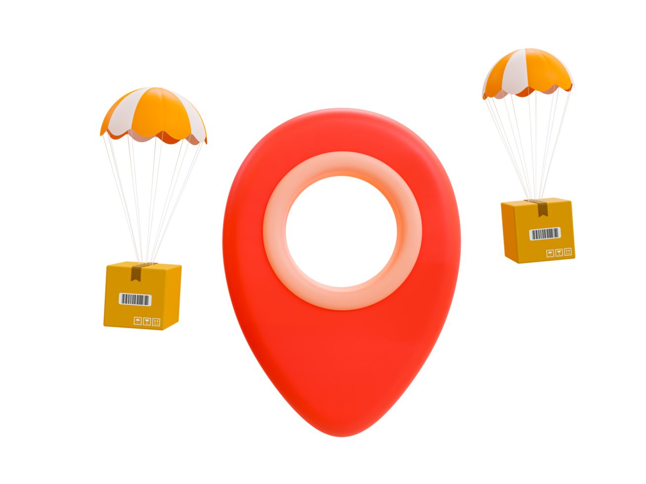 3d minimal products delivery. Parcels transportation. Goods distribution. Cargos preparation for sending. Gigantic location icon with parachute with cargo falling from sky. 3d rendering illustration. png