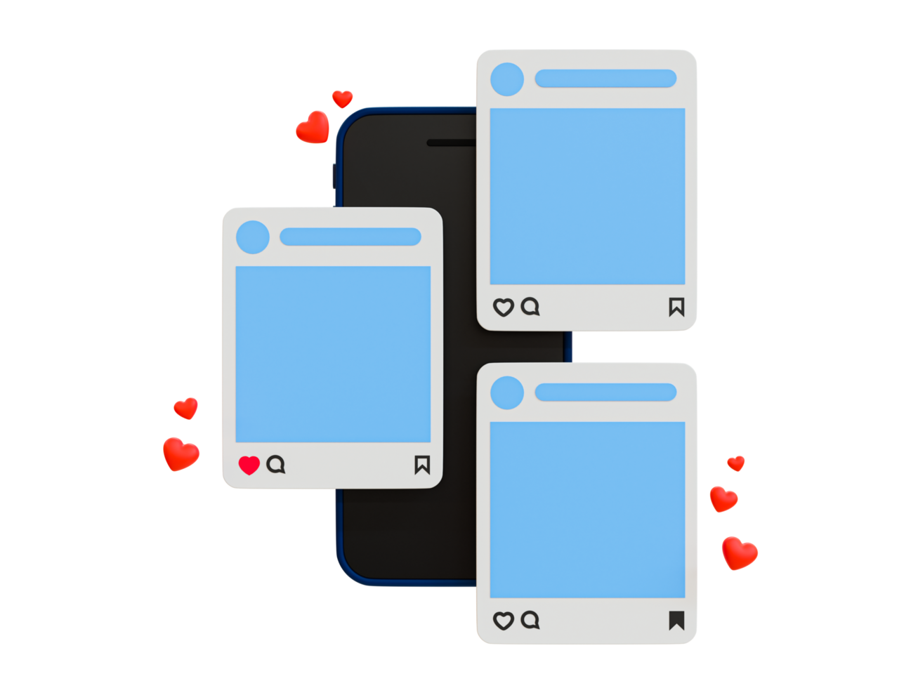 3d minimal social media template. photo social media mockup. blank post on a smartphone with mini hearts. 3d rendering illustration. png