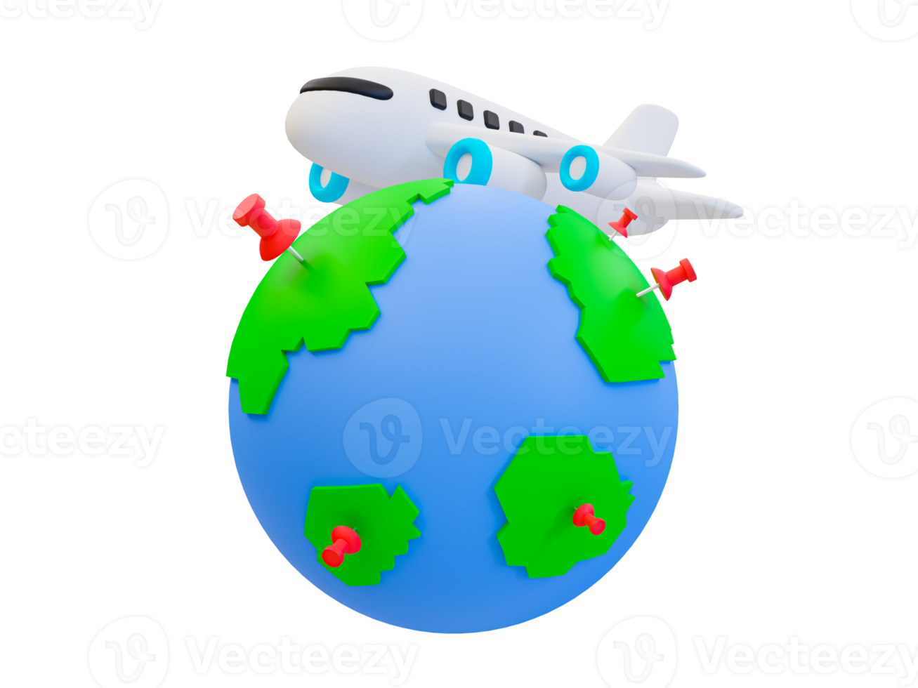 3d minimal Holiday travel trip. summer vacation trip. Recreational time. Take a flight. Globe with an airplane flying. 3d illustration. png