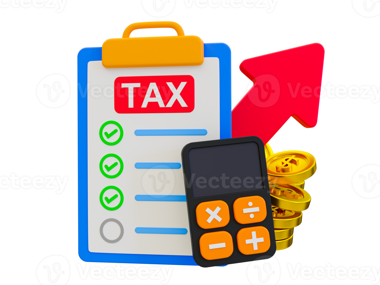 3d minimal accounting taxation concept. tax rising concept. Taxes on goods and services concept. tax clipboard with calculator and red arrow rising. 3d illustration. png