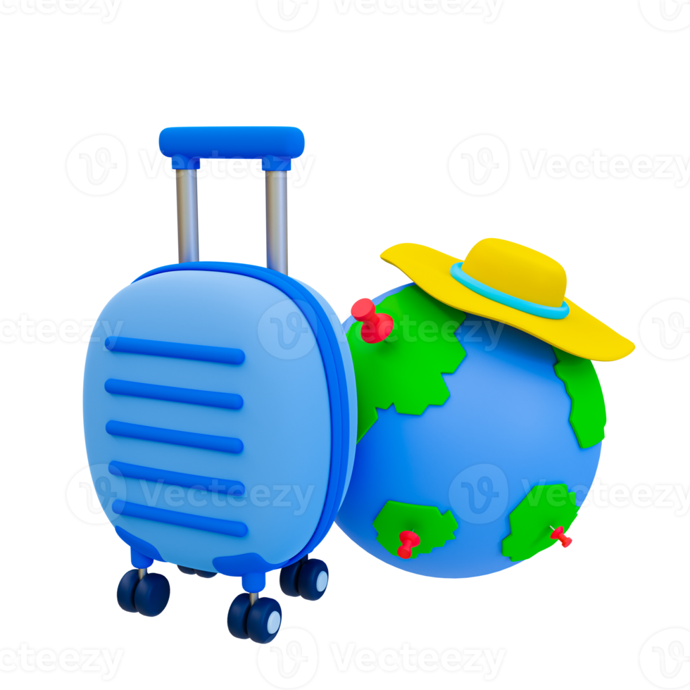 3d minimal Holiday travel trip. summer vacation trip. Recreational time. Take a flight. suitcase with a globea and beach hat. 3d illustration. png