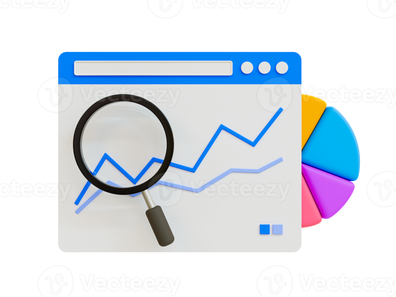 3d minimal Marketing Strategie Konzept. Geschäft Analyse. Marketing Daten Analyse. ein Vergrößerung Glas mit ein Statistik Website und ein Kuchen Diagramm. 3d Illustration. png