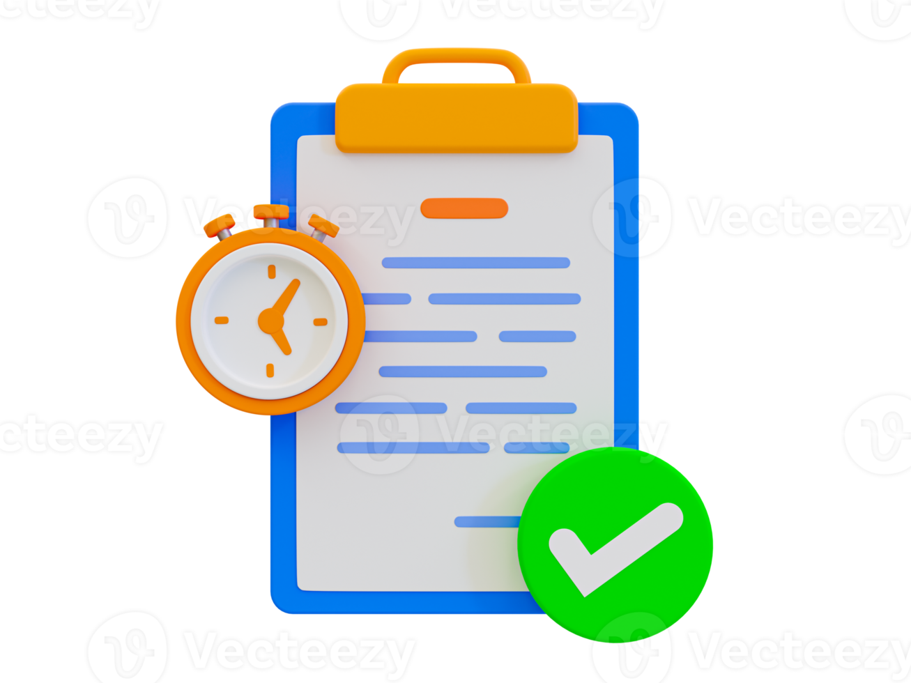 3d minimal fast working. Having a quick job done. Finishing the job in a short amount of time. clipboard with a stopwatch and green check mark. 3d illustration. png