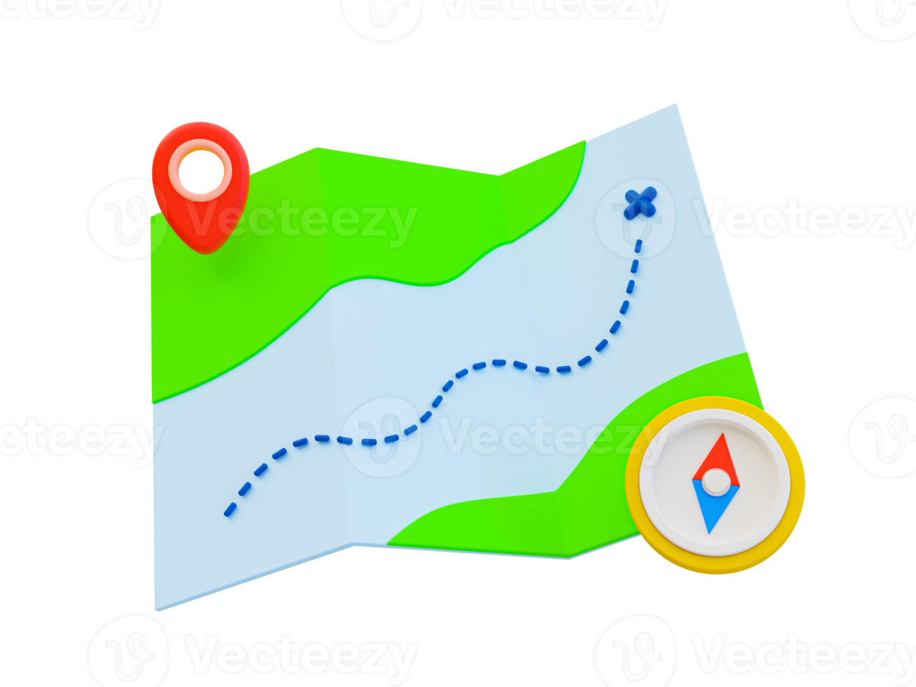 3d minimal travel map icon. Vacation trip. Recreational time concept. Map with a compass and location icon. 3d illustration. png