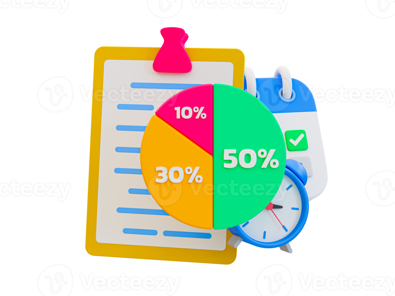 3d minimal work-life balance concept. Time management concept. Pie chart with a clipboard, calendar, and alarm clock. 3d illustration. png