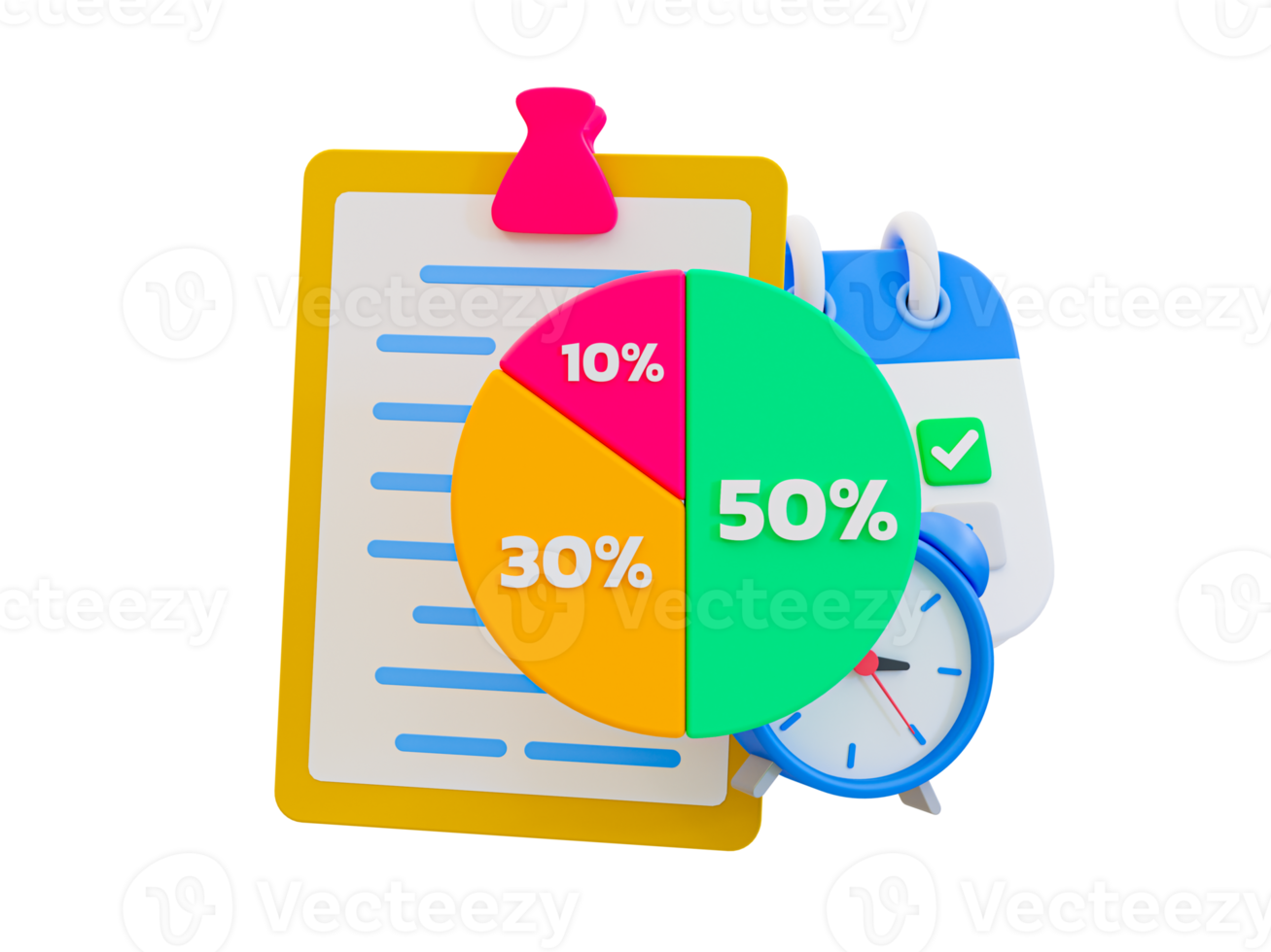 3d minimal Arbeitsleben Balance Konzept. Zeit Verwaltung Konzept. Kuchen Diagramm mit ein Zwischenablage, Kalender, und Alarm Uhr. 3d Illustration. png