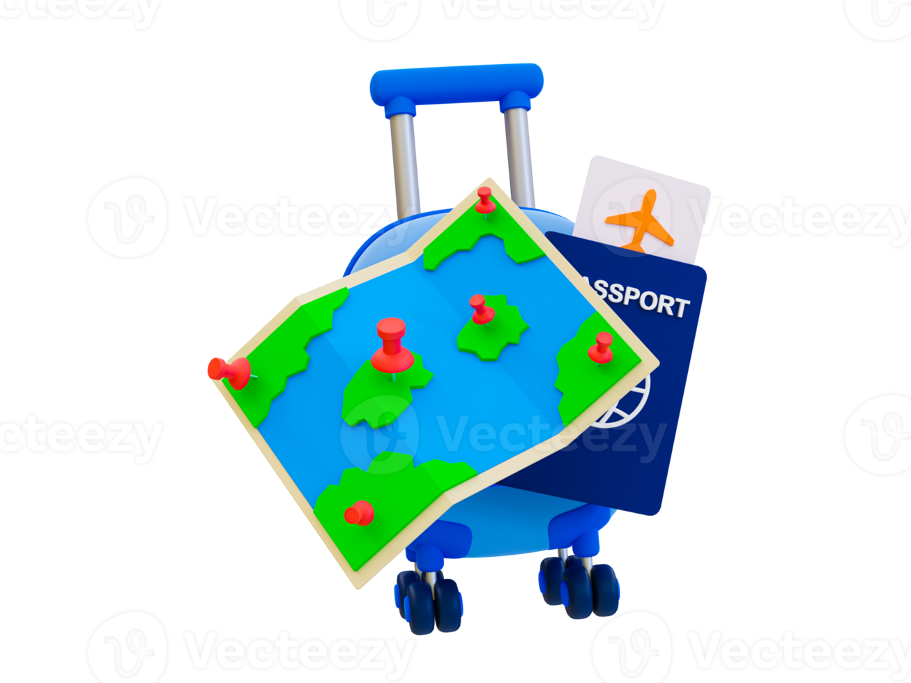 3d mínimo feriado viagem viagem. verão período de férias viagem. recreativo tempo. levar uma voo. mapa com uma mala de viagem e Passaporte. 3d ilustração. png