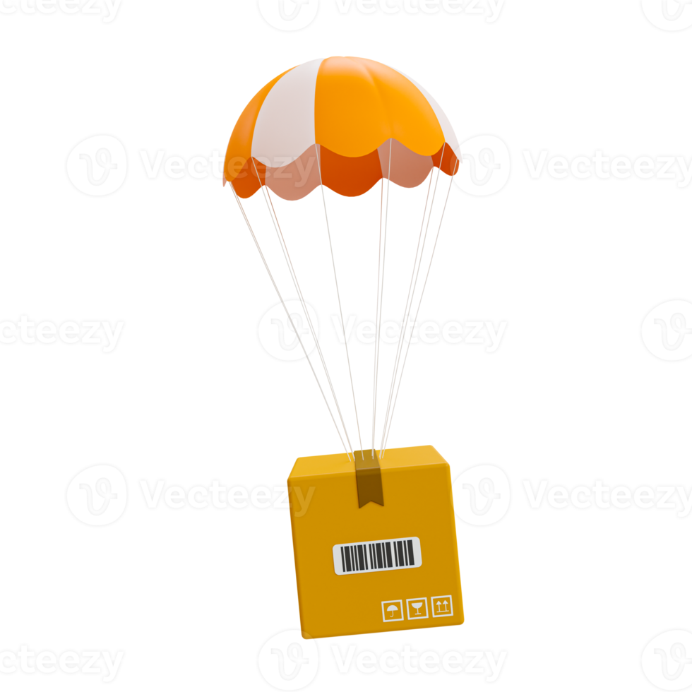 3d minimal products delivery. Parcels transportation. Goods distribution. Cargo with a parachute. 3d rendering illustration. png