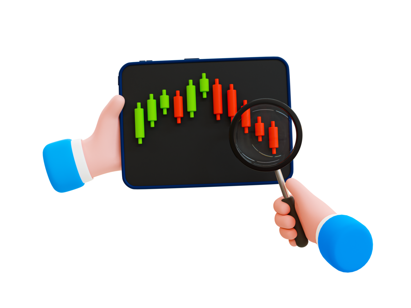 3d minimal Handel Diagramme. Lager Markt fallen runter. Lager Markt Abfall. Lager Markt Analyse. Hand halten ein Vergrößerung Glas mit ein Lager Markt Graph. 3d Illustration. png