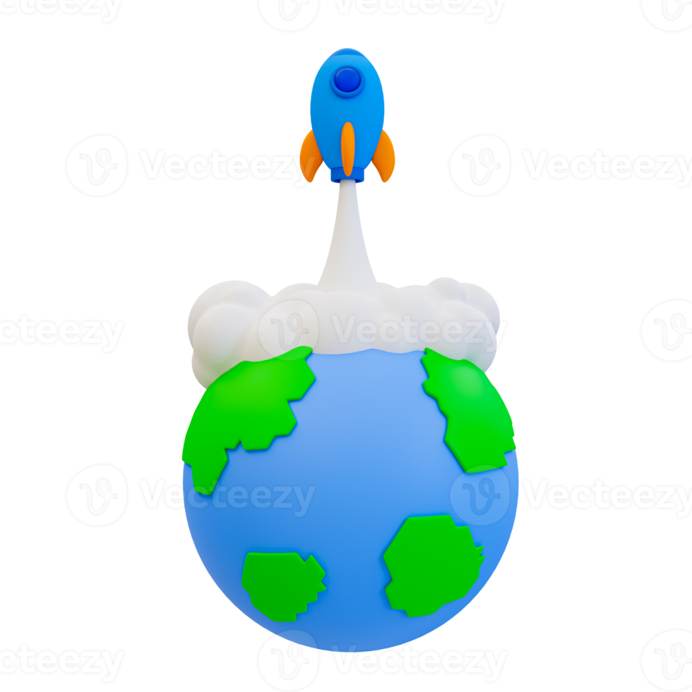 3d minimal Rocket launch. business start-up concept. mission started. rocket launching from a globe. 3d rendering illustration. png