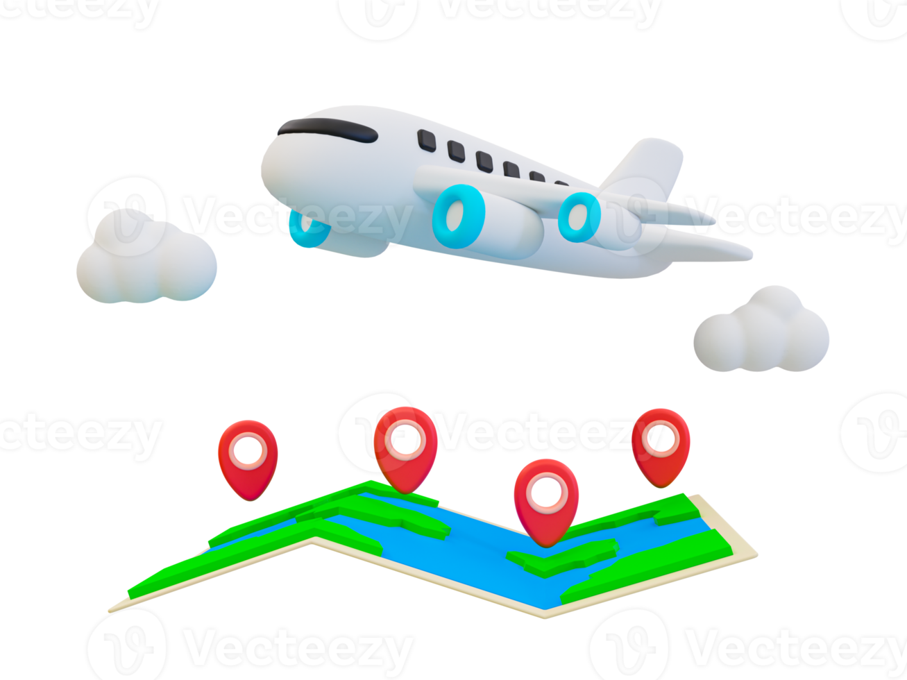 3d minimal Holiday travel trip. summer vacation trip. Recreational time. Take a flight. Map with a location icon and airplane above. 3d illustration. png
