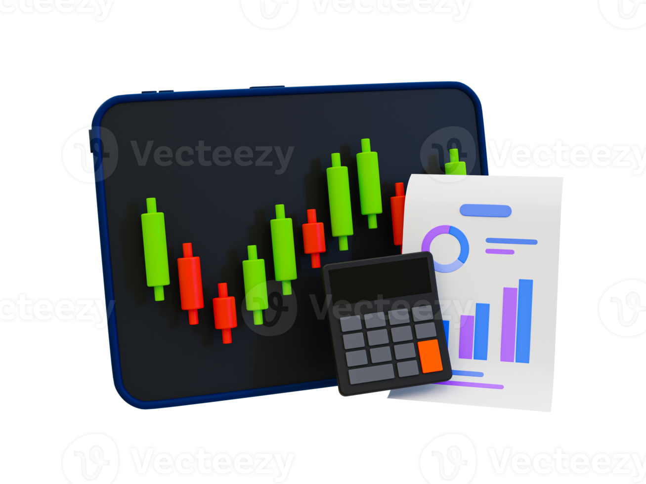 3d minimaal handel grafieken. voorraad markt voorspelling. voorraad markt analyse. voorraad markt diagram met een rekenmachine en statistisch papier. 3d illustratie. png