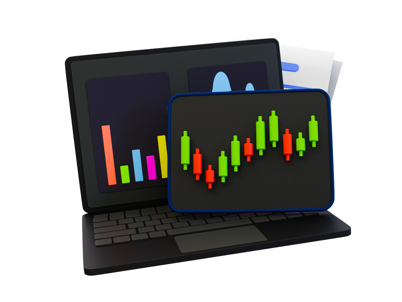 3d minimal trading charts. Stock market forecasting. Stock market analysis. Marketing strategy. Stock market candle with a laptop with statistic graph. 3d illustration. png