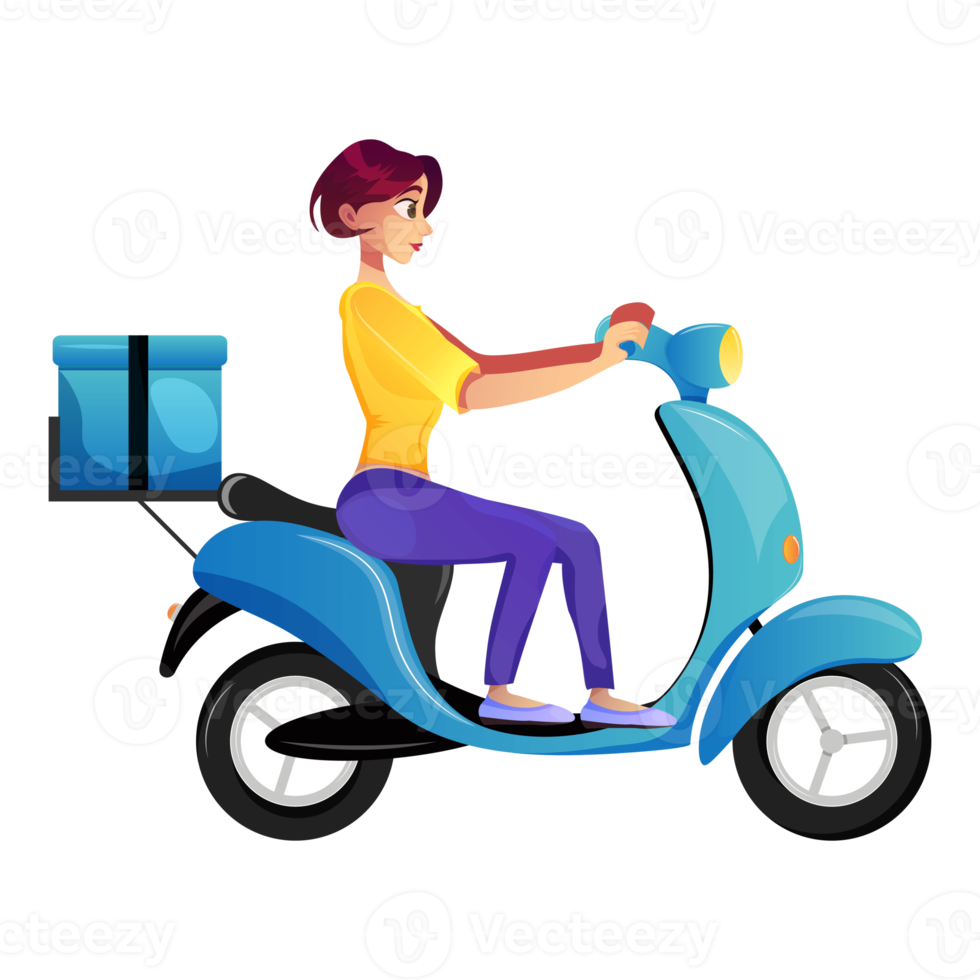 Express, fast, free scooter delivery concept. Food and other shipping services for websites. Cartoon illustration delivery with a courier. Advertise for restaurants, cafes, shops png