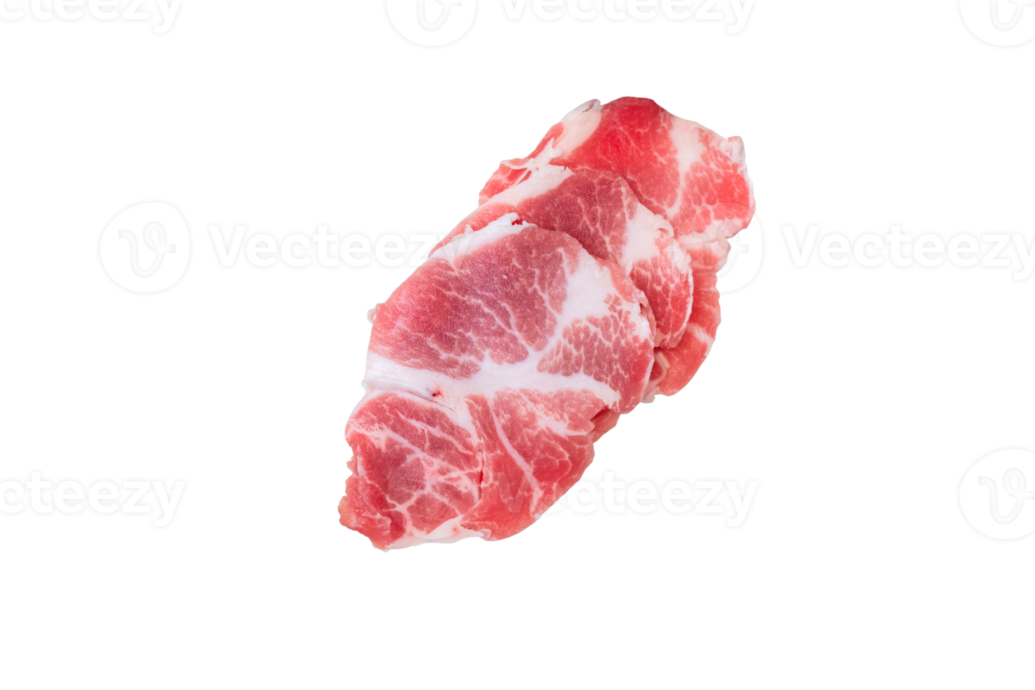 Fresh sliced raw pork meat for shabu on transparent background. Top view. Flat lay, PNG File