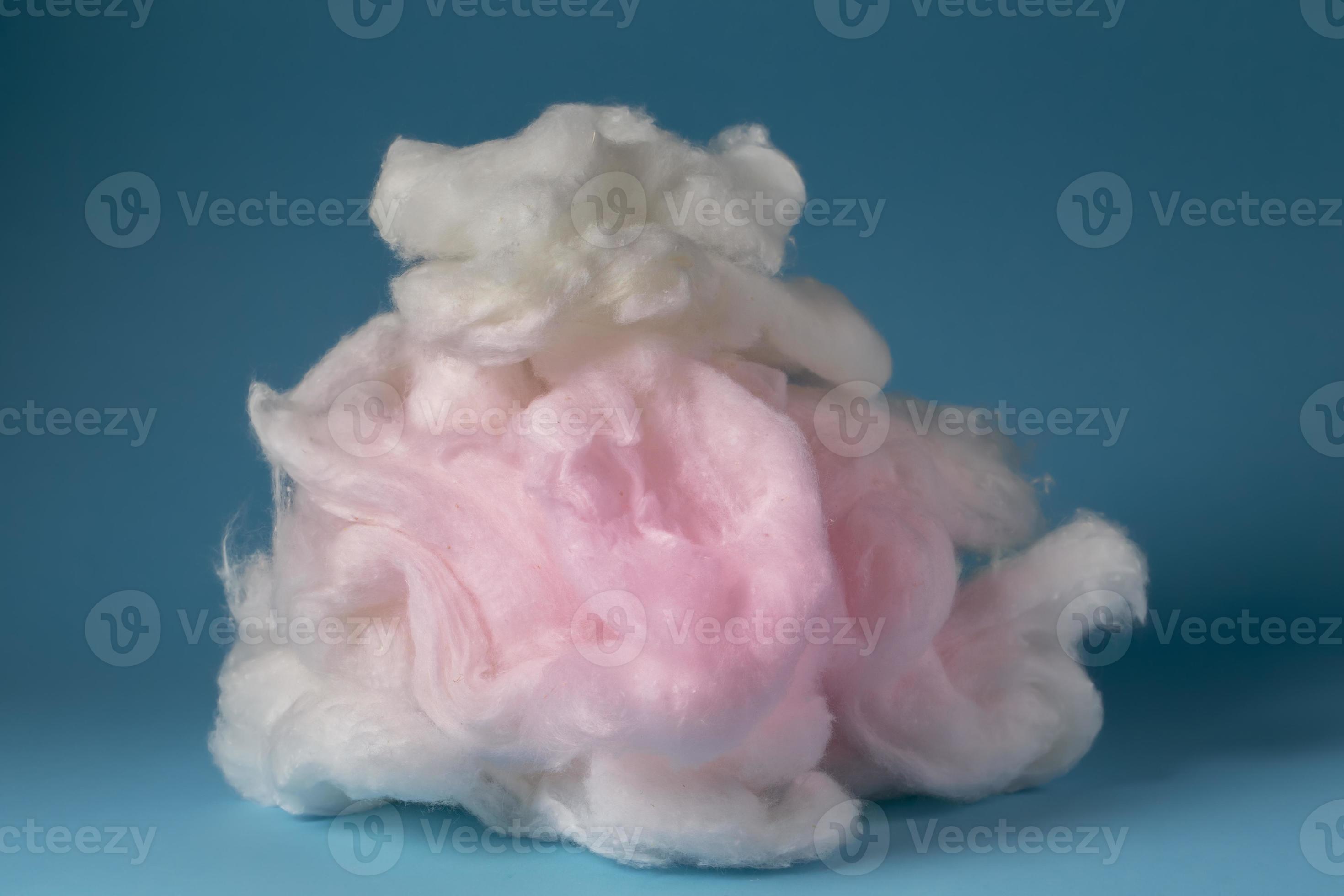 Pink cotton wool on a blue background. A soft pile of fibre.Piece Cotton  wool isolated on blue 19874792 Stock Photo at Vecteezy