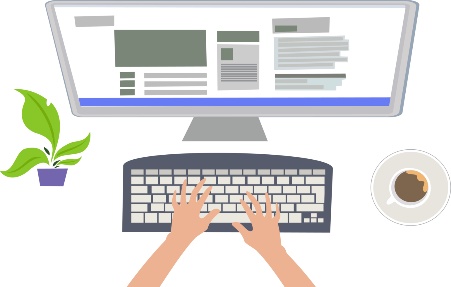 working on a computer and coffee. illustration view of above hand typing using computer. hand typing on computer png